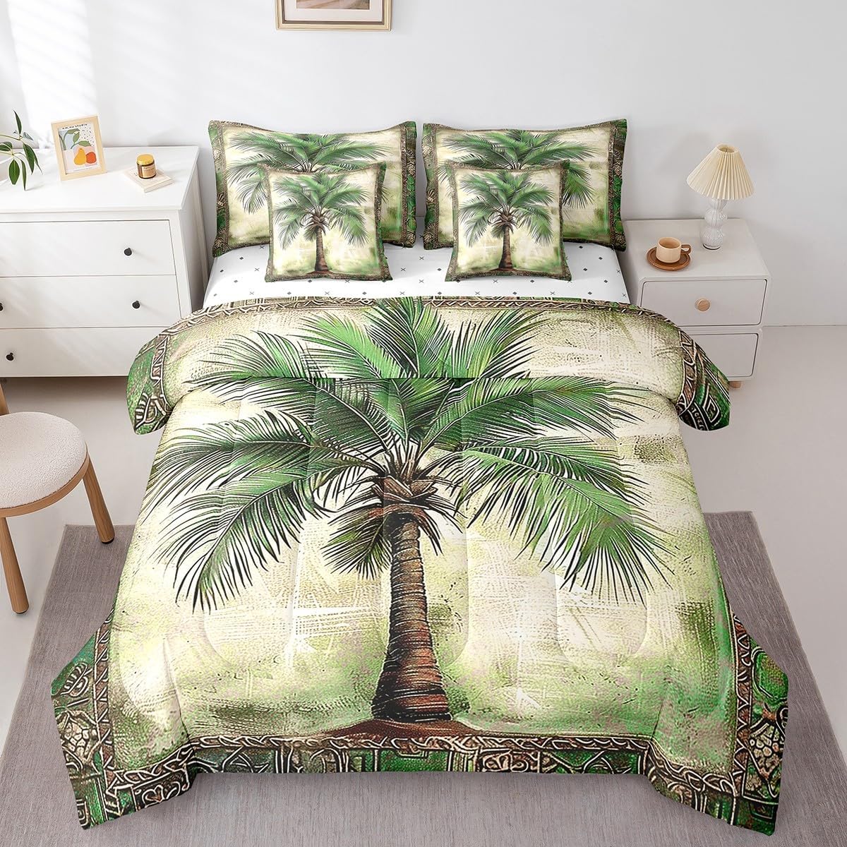 Feelyou Green Palm Tree Print 7 Pieces Bedding Set Palm Leaf Queen Comforter Set with Sheets for Boys Girls Kids Room Decor Beach Theme Bed in a Bag Hawaiian Beach Bed Set Botanical Nature Theme