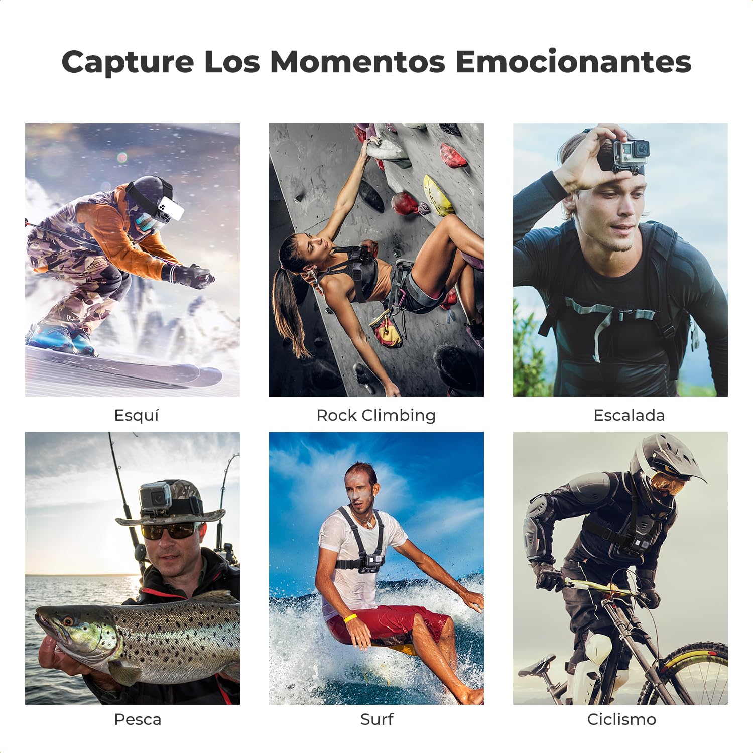 K&F CONCEPT Kit de Accesorios para Cámara de Acción Compatible con GoPro Hero 13 12 11 10 9 Insta360 dji Osmo 360 Action Teléfono Movil, Incluye Arnes Pecho, Correa de Cabeza, Clip de Teléfono Movil
