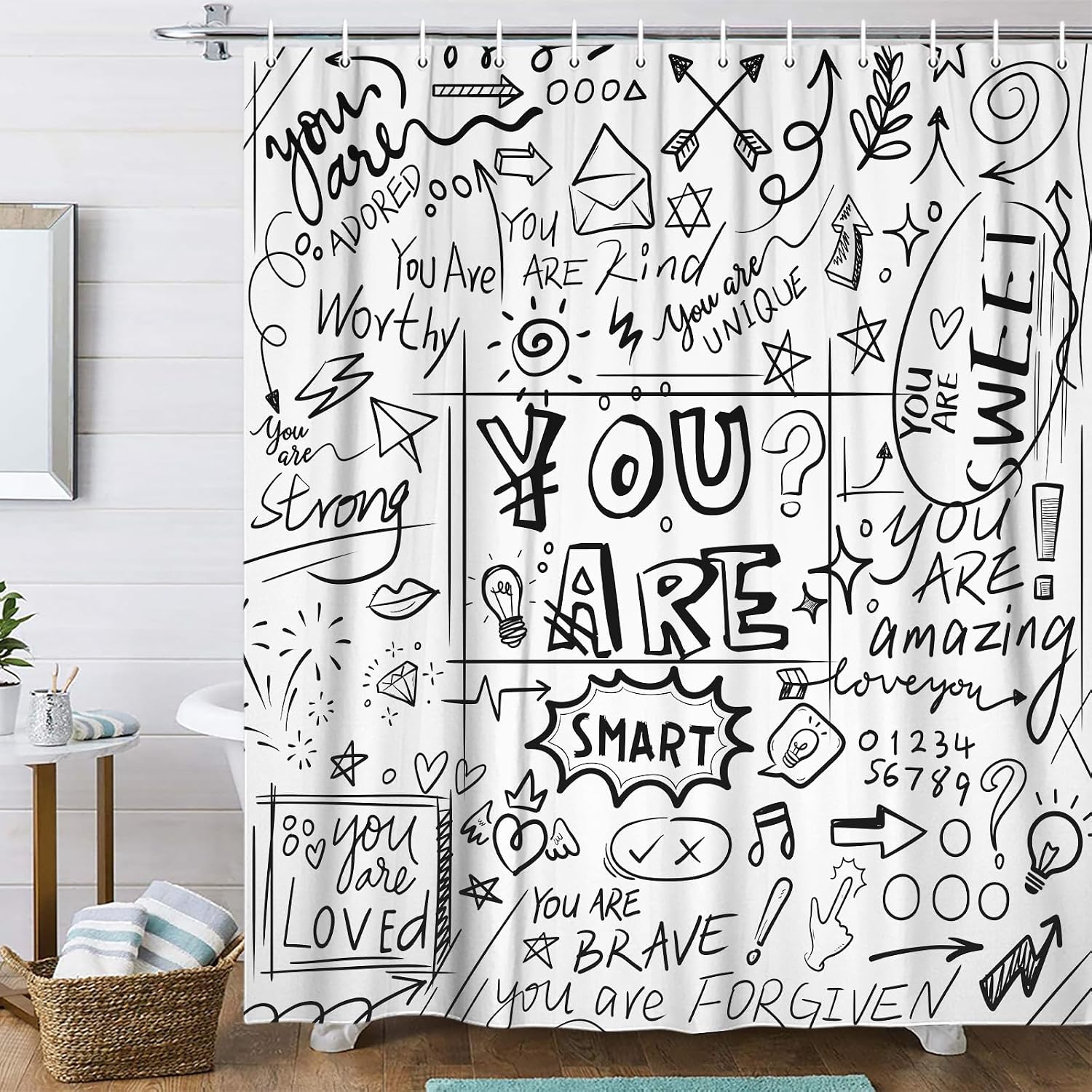 Funny Inspirational Shower Curtain Black and White You Are Neutral Abstract Motivational Positive Shower Curtain Set, Cool Teen Kids Boys Girls Graffiti Bathroom Curtain with Hooks, 70X70IN Black