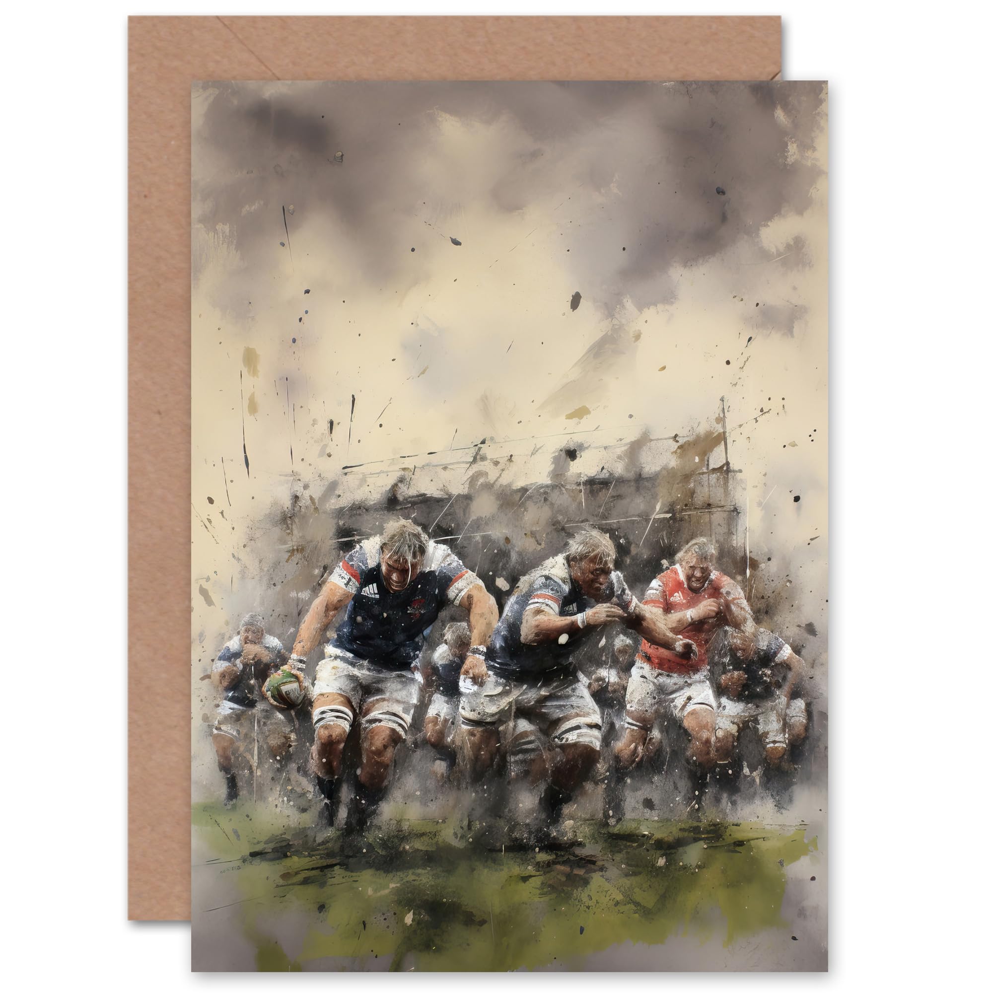 Artery8 Rugby Mudbowl Pushing Forward Action for Husband Him Dad Son Brother Birthday Thank You Congratulations Blank Art Greeting Card