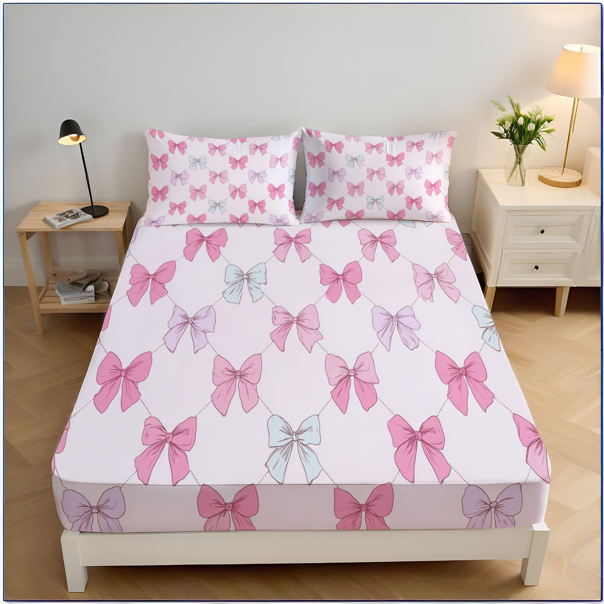 Drap housse 140x200cm rose clair imprimé diamant et nœud pour matelas épais 30 cm