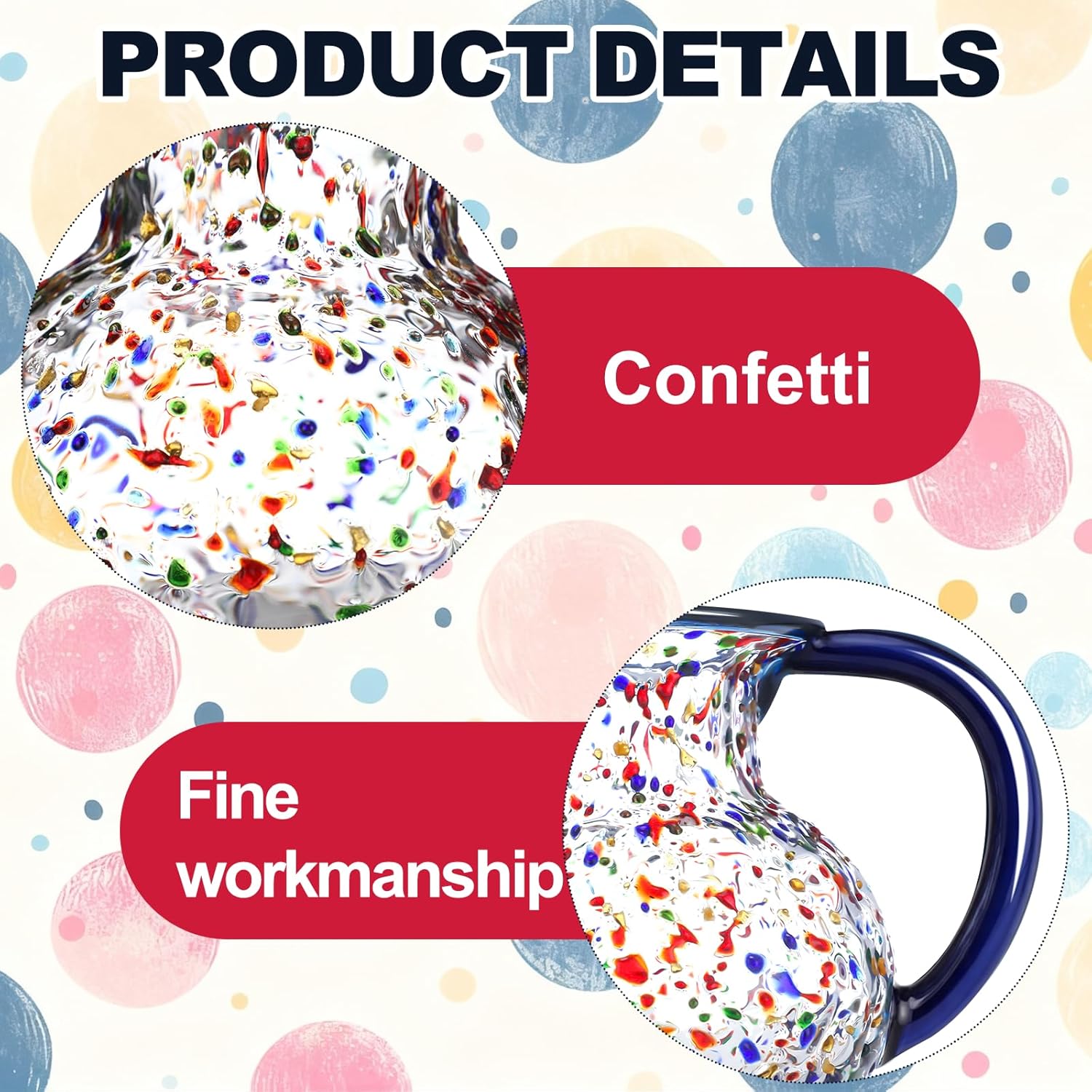 Mexican Hand Blown Glass Pitcher Decorative Mexican Glass Pitcher Glassware– Confetti Rock Design, 49 oz