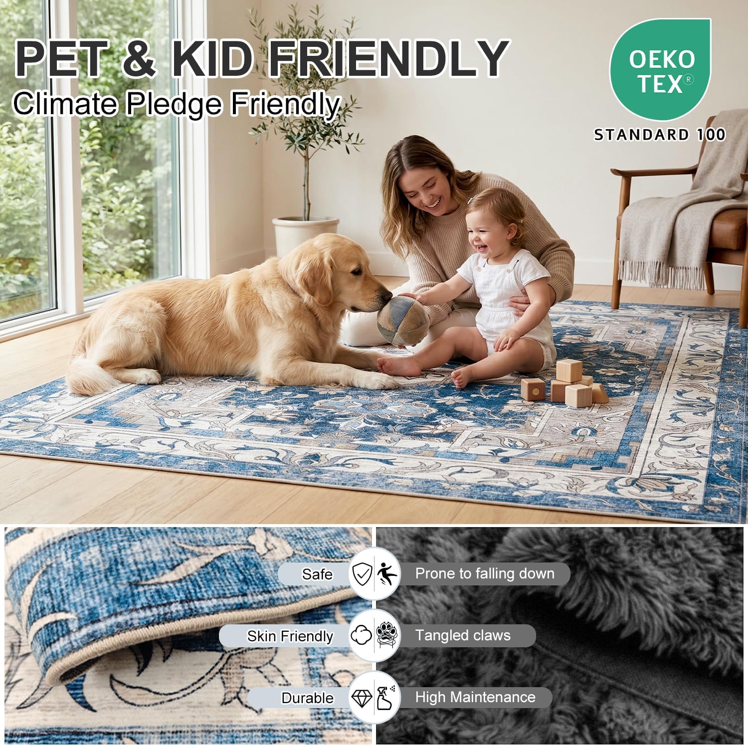 8'x10' Washable Area Rug, Vacuum Friendly Non Slip Low Pile Rug for Living Room Hardwood Floors, Large Vintage Boho Carpet, Blue Light Gray