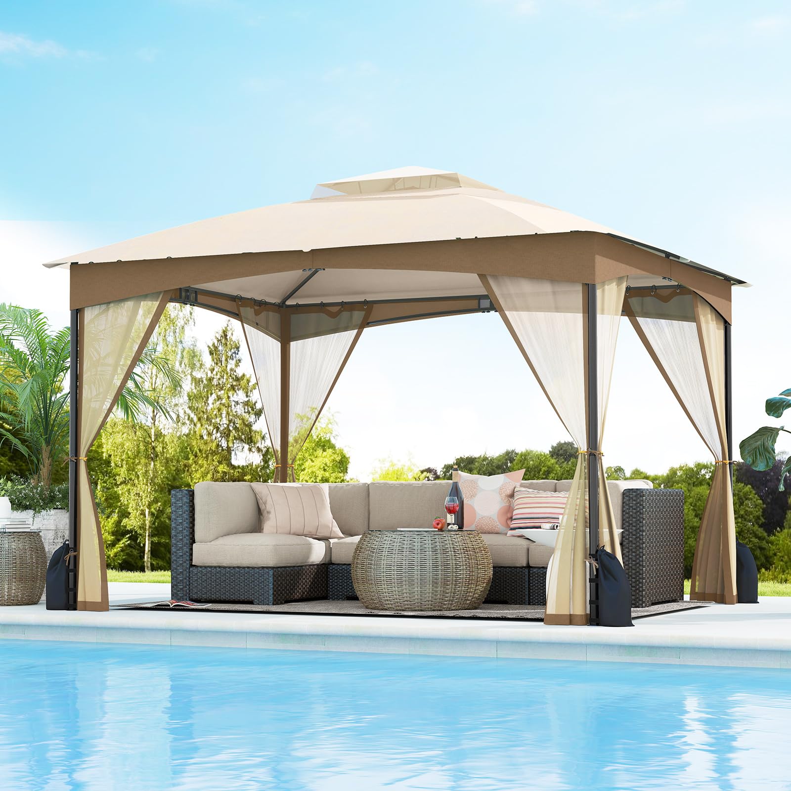 COSTWAY Carpa Plegable 3,65x3m, Pop up, Pergola de Jardin con Paredes de Malla, Dosel de Techo Doble, Puertas con Cremallera, Estructura de Metal, Cenador Pabellón Jardin Exterior (Caqui)