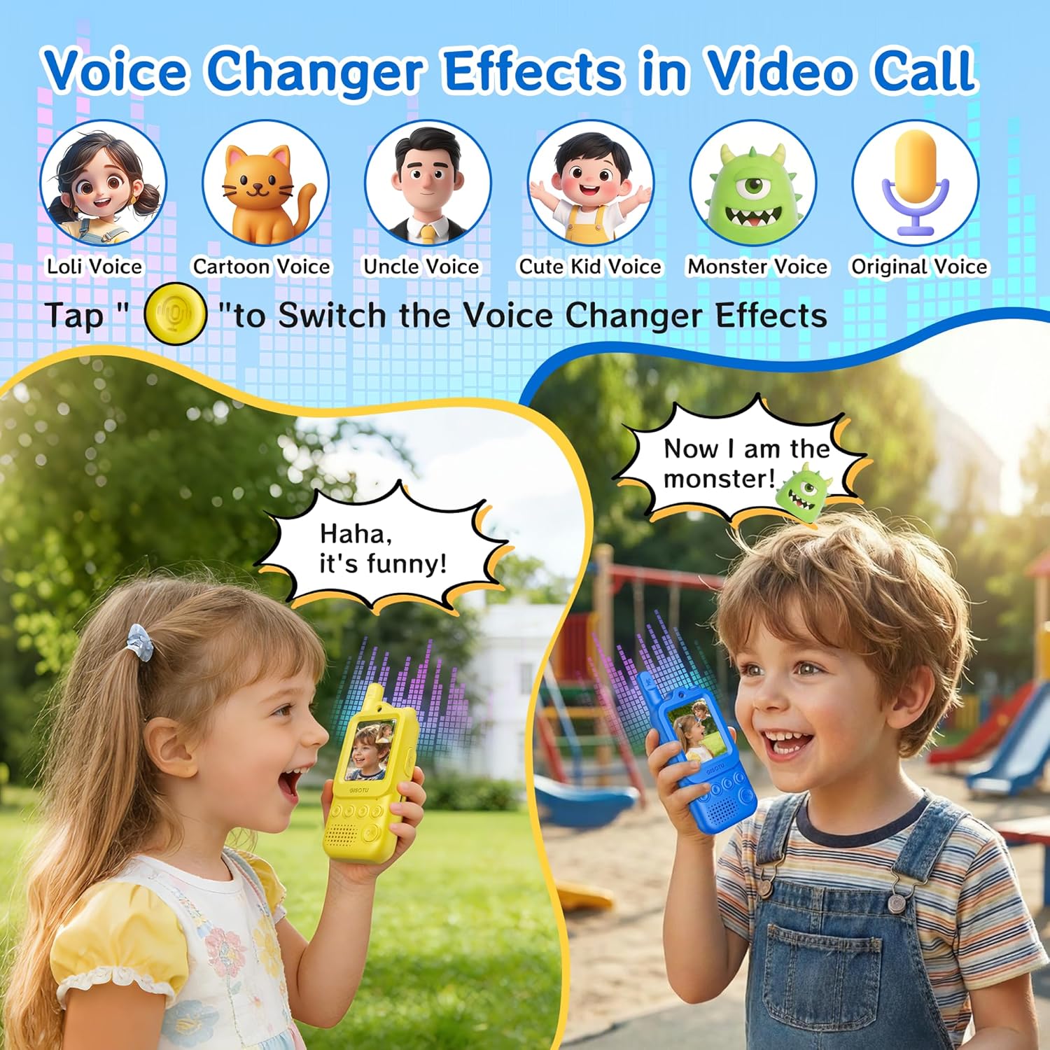 Video Walkie Talkies for Kids 2 Pack, Rechargeable Video Intercom Toys with Fun Chat Hub, Voice Changer & Sticker Effect – Long Range 2 Way Radio for Indoor & Outdoor, Gift for Boys Girls Ages 3-12