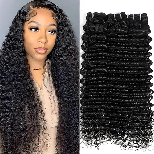 10A Human Hair Bundles Brazilian Deep Wave Bundles 20 22 24 Inch Unprocessed Virgin Weave 3 Bundles Double Weft Deep Curly Bundles Water Wave Human Hair Bundles Full and Thick Natural Black