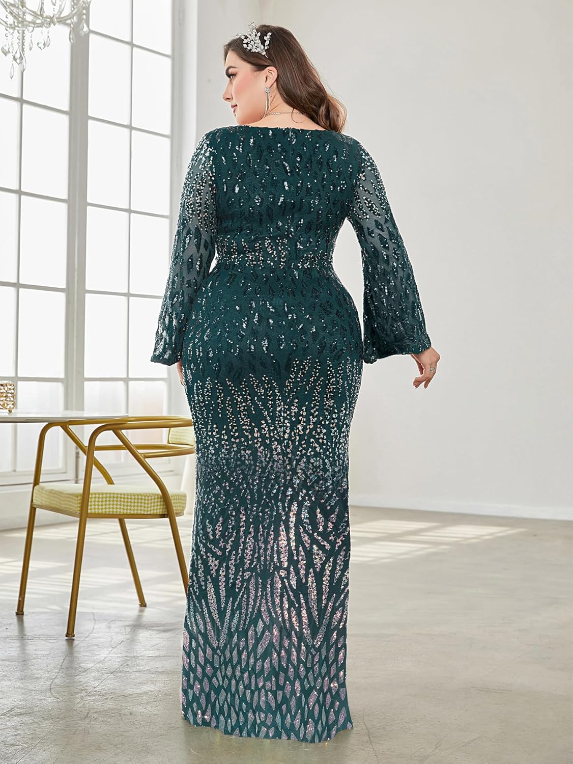 Plus Size Womens Mermaid Sequin Evening Dress Long Sleeves Mother of The Bride Gown - Image 2