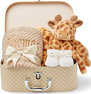 Personalised New Baby Gifts Set - Unisex Newborn Baby Gifts Personalised, Baby Hamper, Customised Baby Gifts - Baby Personalised Gifts, New Born Baby Cream Set with Giraffe Baby Gifts Comforter