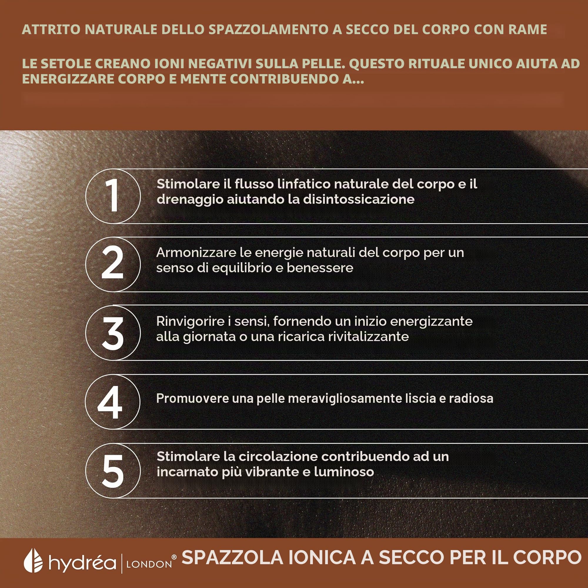 Hydrea London Ionic Copper Glow Dry Body Brush Spazzola esfoliante ed energizzante per la pelle con setole in rame, drenaggio linfatico, massaggio a secco, anticellulite