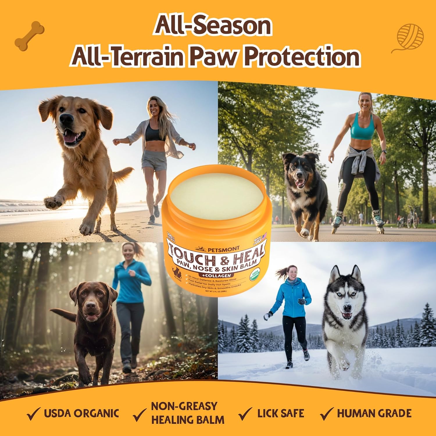 Petsmont Touch & Heal Organic Paw Balm for Dogs 2oz - Cream Lotion Protection Moisturizer Nose Natural Soother Hot Pavement Wax Dry Paws Cracked Butter Protectors Pad Snout Puppy Elbow Foot Pet