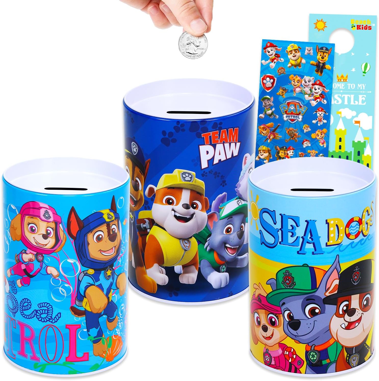 Paw Patrol Coin Bank Bundle for Kids - Includes 3 Unique 6" Storage Tins for Coins, Bills, More Plus Stickers | Paw Patrol Money Bank Set