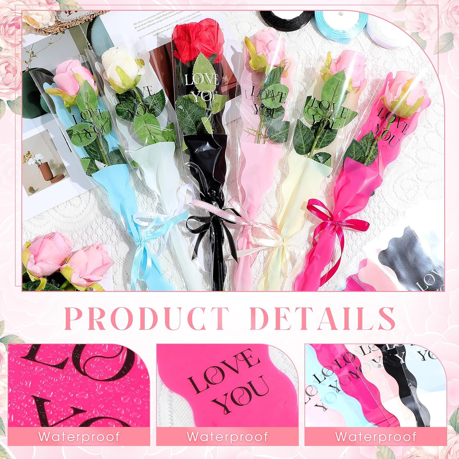 Chiisong 300 Pcs Single Flower Sleeves Mother's Day Plastic Flower Wrapping Waterproof Floral Packaging with 6 Ribbon for Bouquet Supplies(White, Black, Milky White, Rose Red, Pink, Blue,Classic)