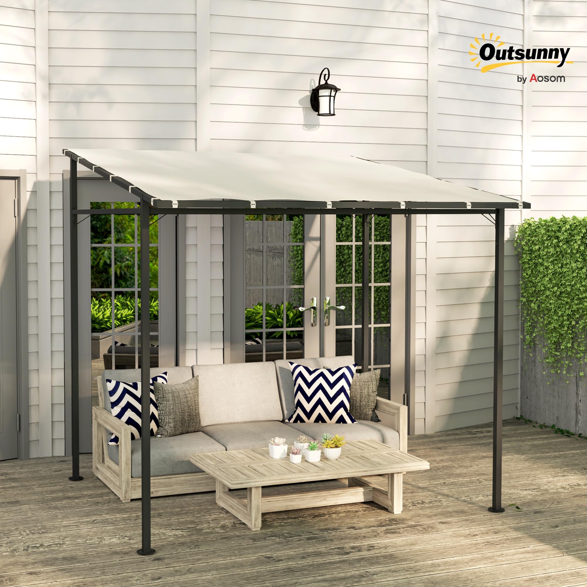 Outsunny Pérgola de Pared 2,4x2,4 m Cenador de Jardín Protección UV 30+ con Techo Inclinado Impermeable y Marco de Metal para Terraza Patio Balcón Crema