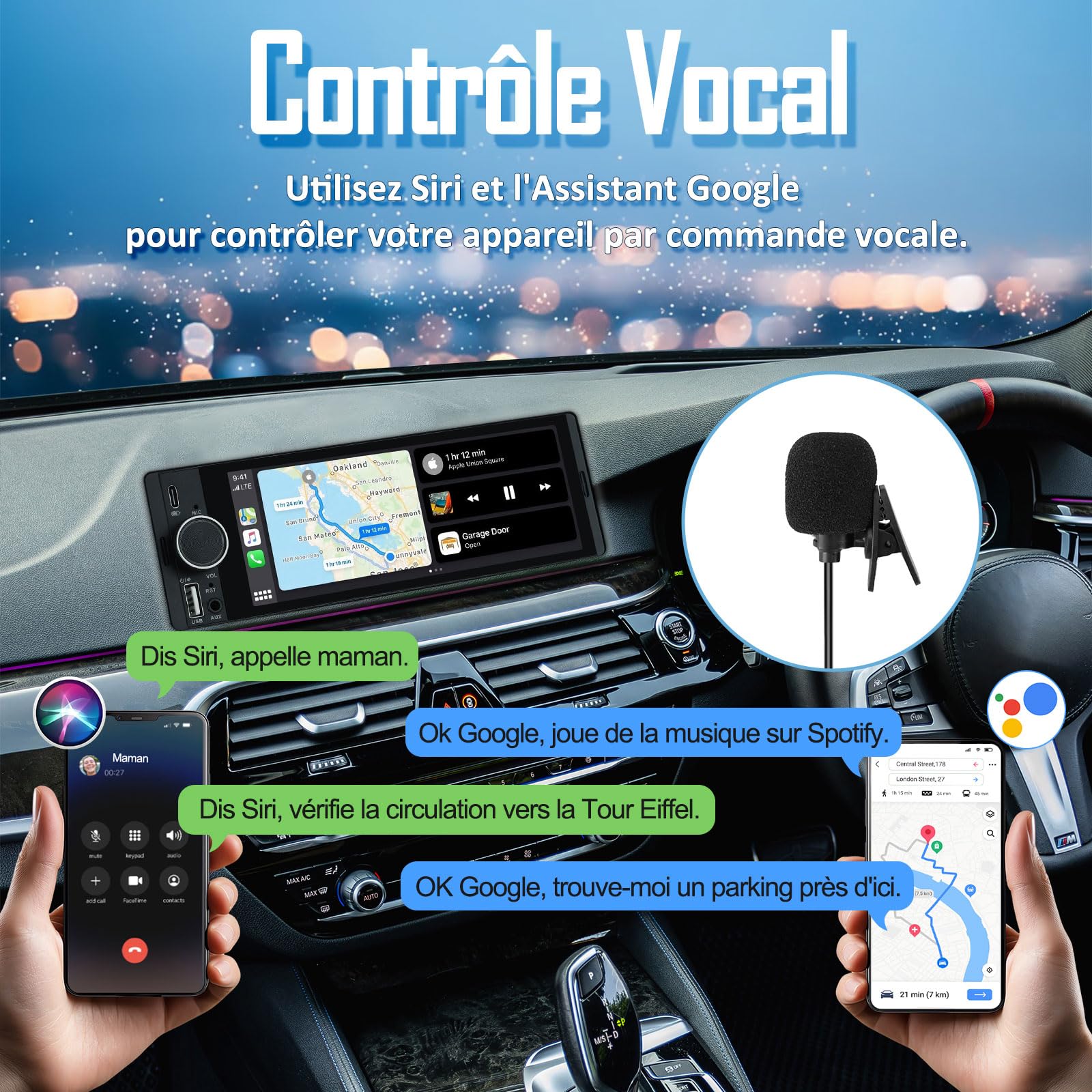 Autoradio 1 DIN, CarPlay Voiture & Android Auto sans Fil, Poste Radio Bluetooth Appels Main Libre, 6,36 Pouces HD Écran Tactile, Navigation GPS, Contrôle Vocal, AUX/FM, Mirror Link, USB Type-C
