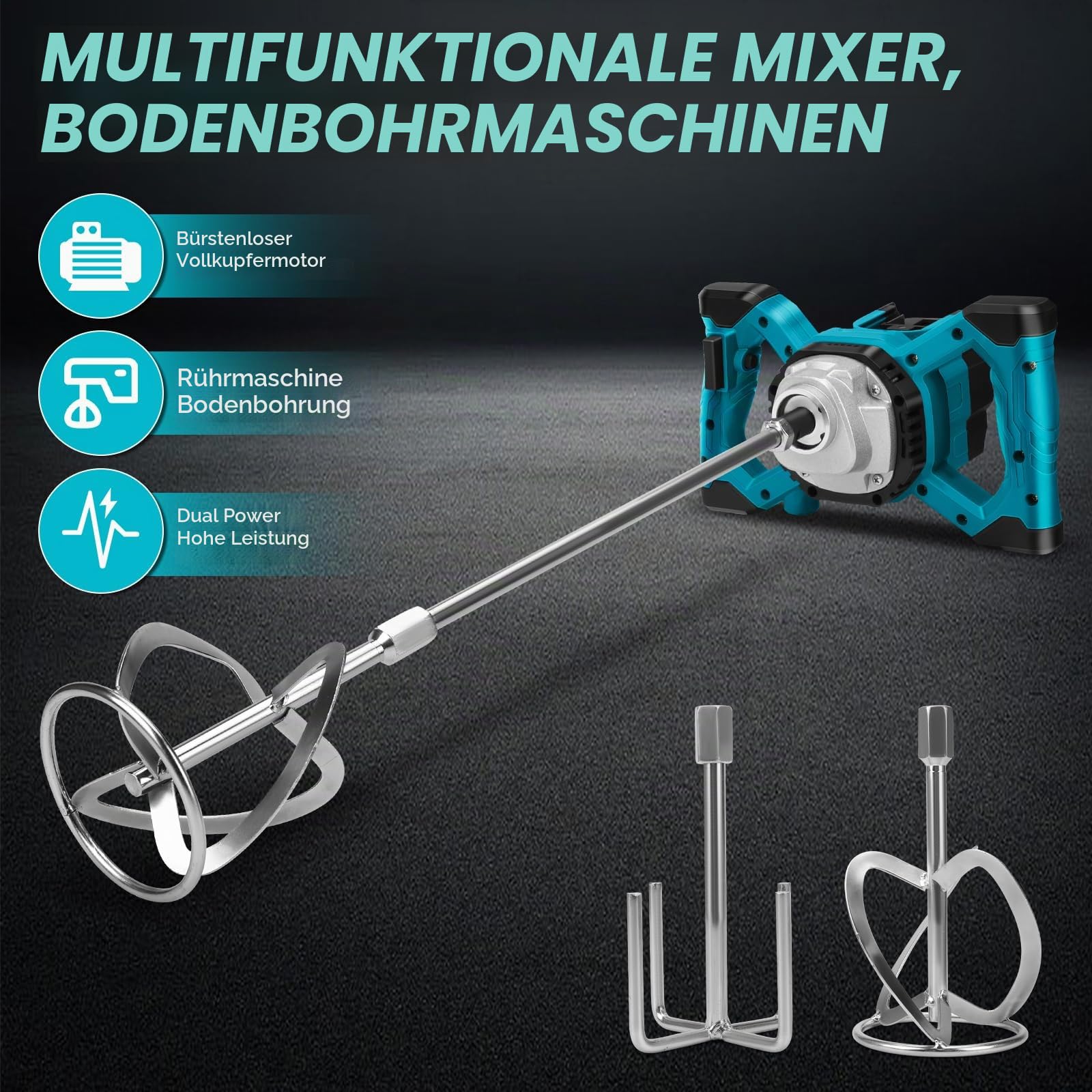 Akku Farbmörtelrührer Kompatibel mit Makita 18V Batterie, 3200W Rührwerk Mörtelrührer Zementrührer mit 2x2600mAh Akkus, 6-Gang, Brushless Farb-Mörtelrührer für Zement, Beton und Farbe