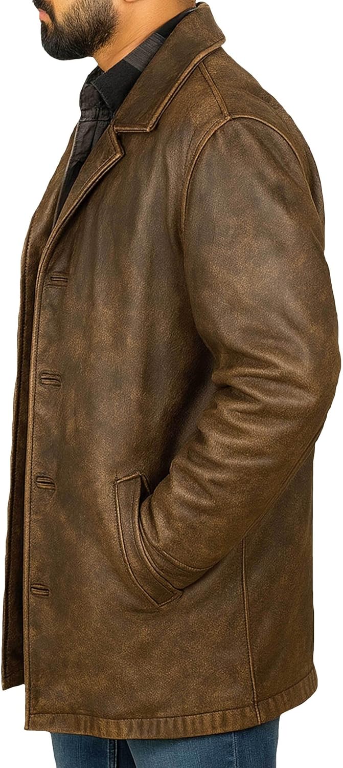 Leather Jacket for Men - Mens Distressed Leather Jacket Car Coat 3/4 Length Winter Coat