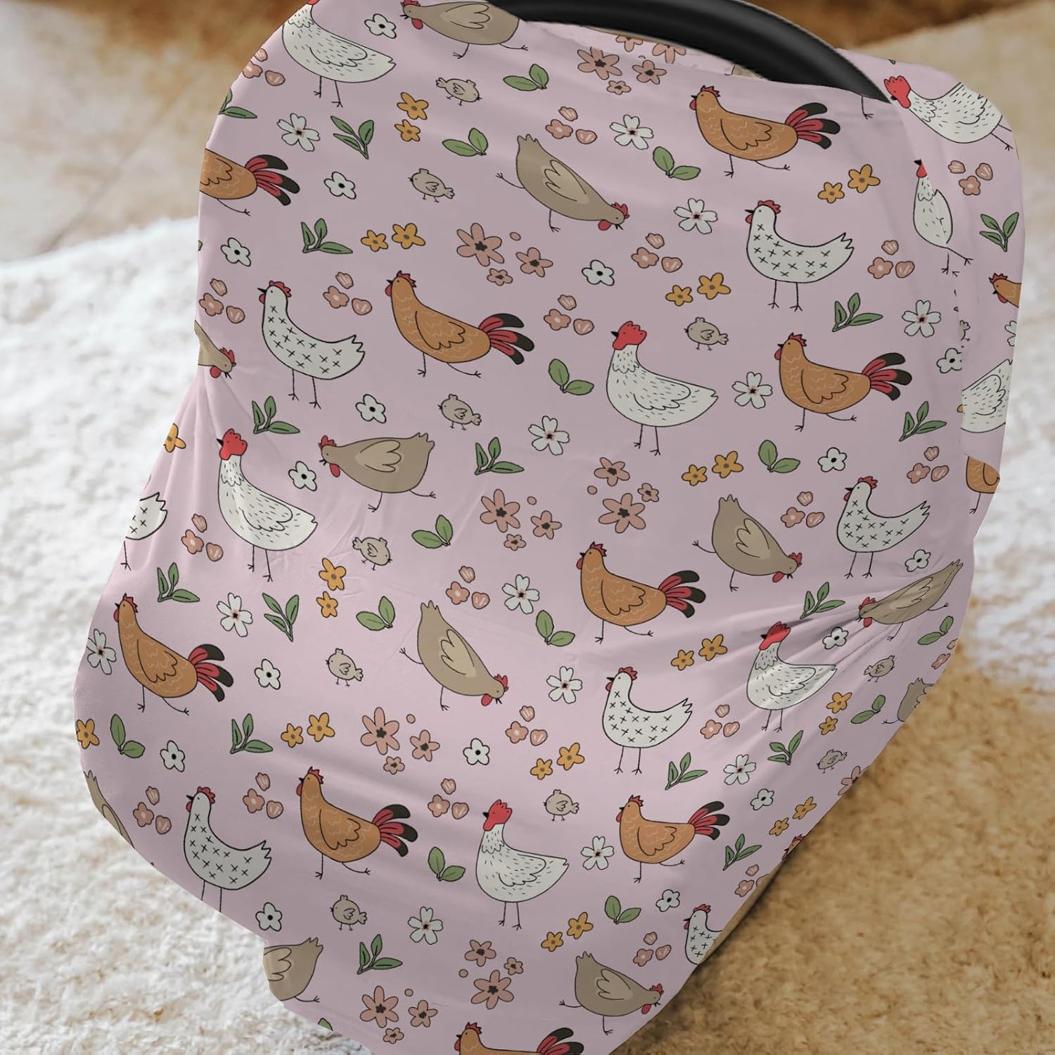 Cute Chicken Boho Floral Car Seat Cover for Baby Chickens Flowers Leaves Stretchy 5-in-1 Cover Adjustable Car Canopy Breastfeeding Cover Spring Farm Animal Breathable Nursing Cover-Up