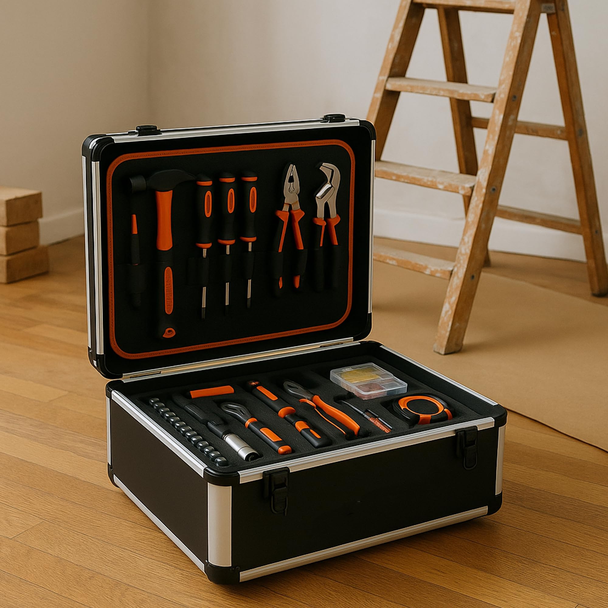 Carro de caja de herramientas con 88 piezas - Aluminio y acero, mango de acero, ruedas para transporte