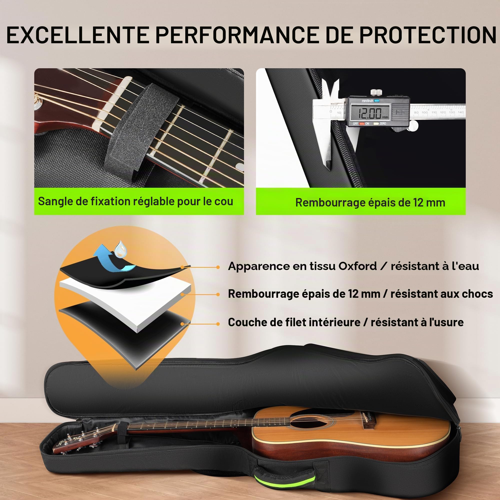 CAHAYA Housse Rembourrée pour Guitare Acoustique: Softshell, adaptée aux guitares acoustiques 40, 41 et 42'', rembourrage 12 mm, poches avant/arrière/latérales, design moderne inspiré du style outdoor