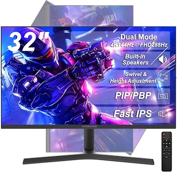 XUNDEFINED 32 Inch 4K Gaming Monitor, Dual Mode UHD 144Hz & FHD 288Hz, Fast IPS, PIP/PBP, Adaptive-Sync G-SYNC Compatible, HDR, Tilt & Swivel & Height Adjustable, Built-in Speakers, HDMI 2.1 & DP 1.4