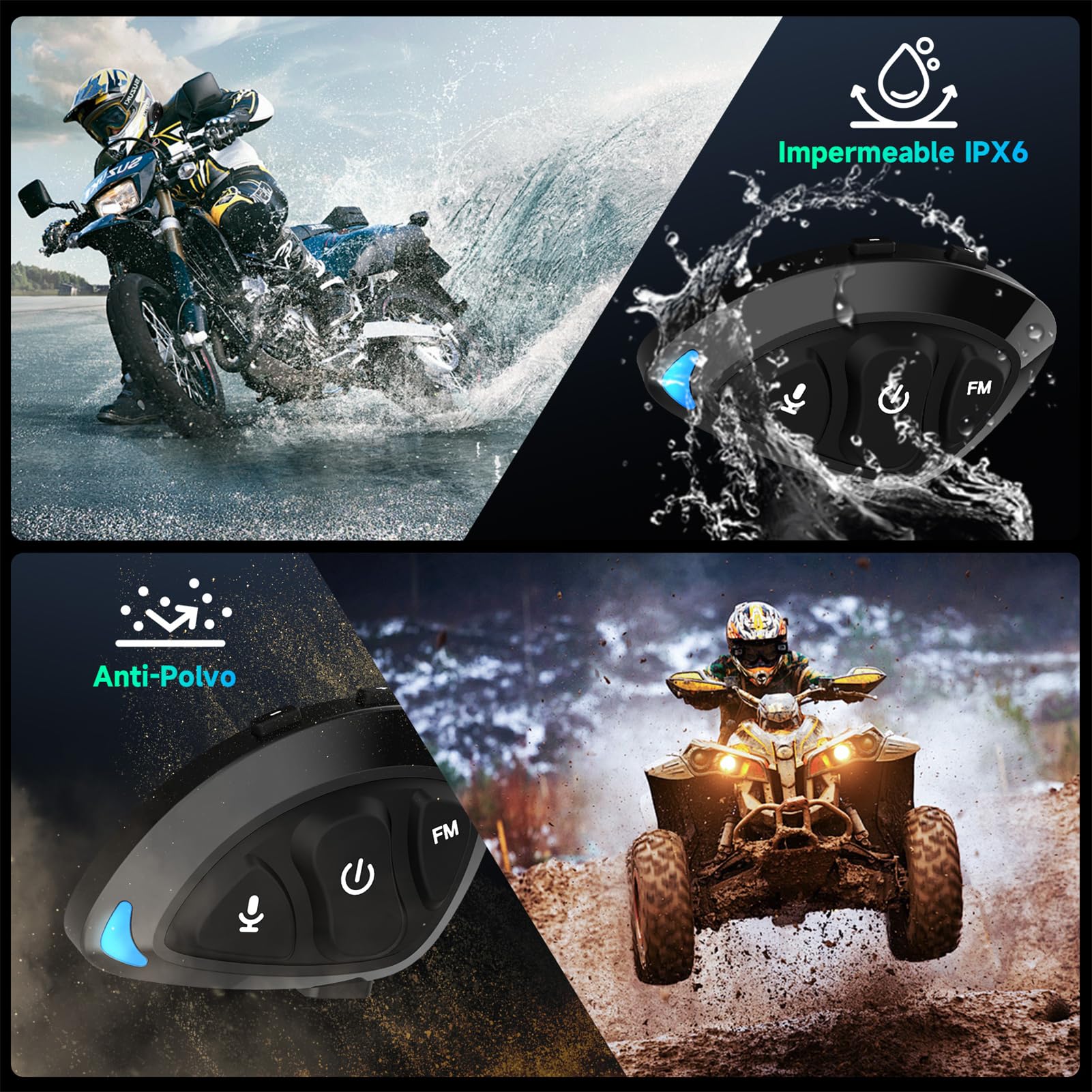 Moman Auriculares Casco Moto, Ligero Manos Libres Auriculares Inalámbricos con Micrófono HiFi Estéreo Reducción de Ruido/Radio FM/Botón Apto para Guantes/Asistente de Voz/IPX6 Impermeable, RS-S