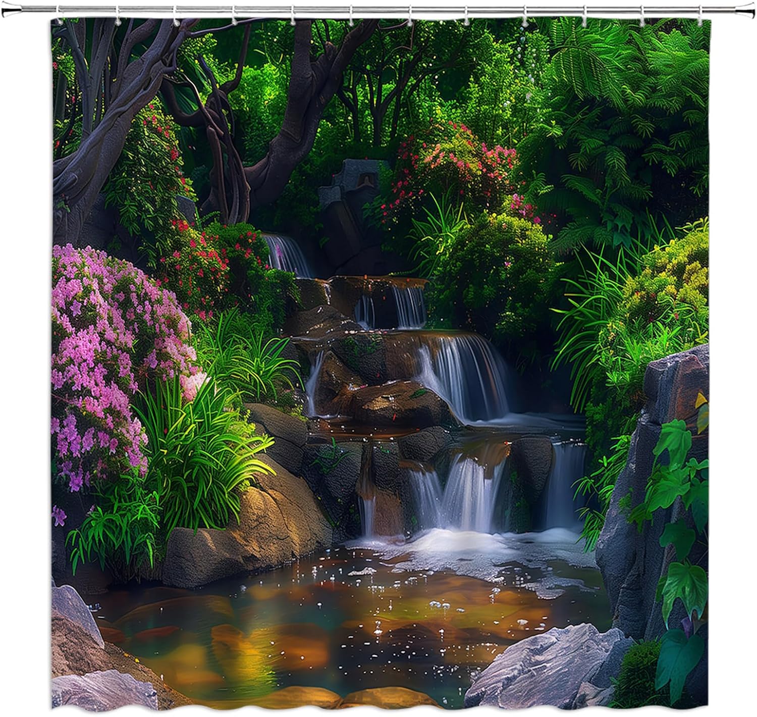 Nature Garden Shower Curtain Waterfall Colorful Floral Tropical Plant Jungle Rainforest Natural Scenery Landscape Fabric Bathroom Decor Curtain with Hooks
