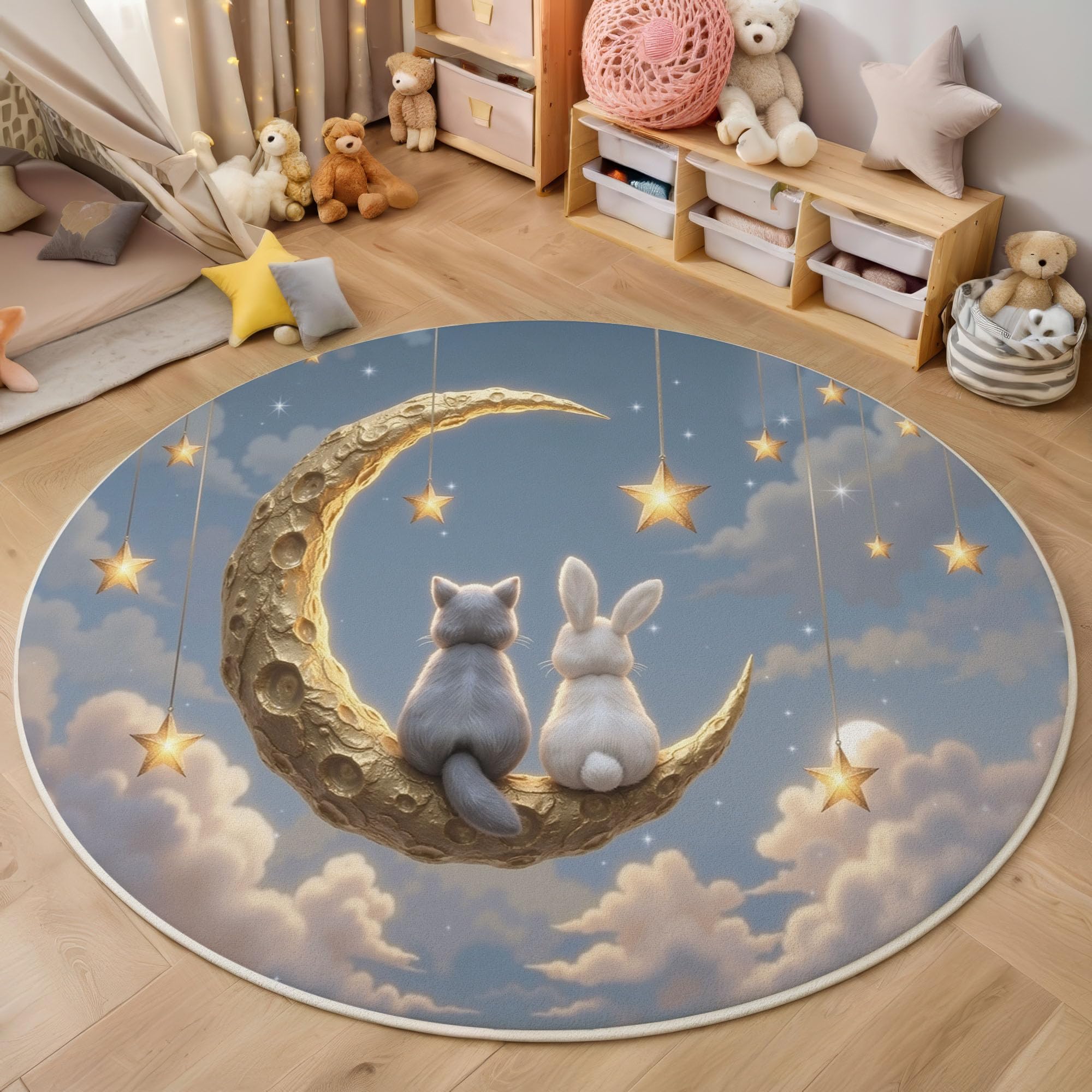 Tappeto Fiabe curative Tappeto Rotondo Antiscivolo | Tappeti Gatto Coniglio Luna 0 in Lana Sintetica Tappeti Morbido e Accogliente per Soggiorno,Cameretta e Studio 160cm