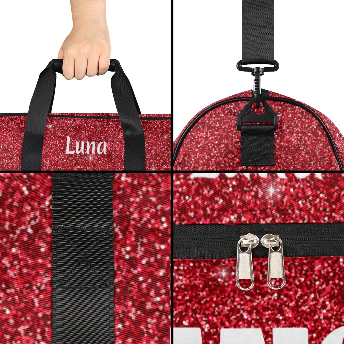 Personalized Red Glitter Dance Bag for Girl Women, Custom Name Sport Gym Bag with Shoes Compartment Gymnastics Duffel Bag Yoga Overnight Weekender Bag