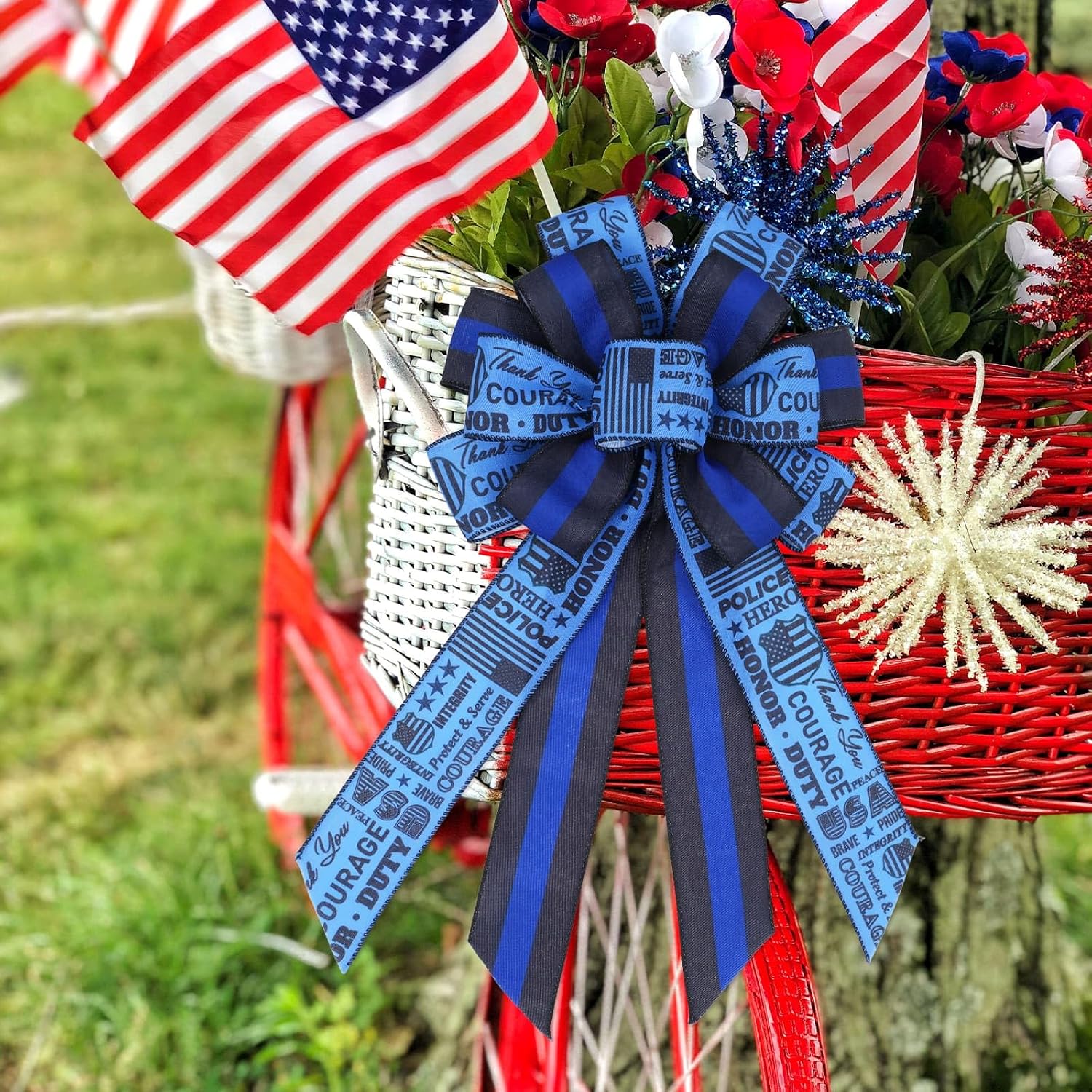 YKW Police Support Bow for Wreaths 11.42" x 20.87", Blue Line Law Enforcement Decoration, Patriotic Door Hanger, Thank You Gift for Officers, American Hero Tribute