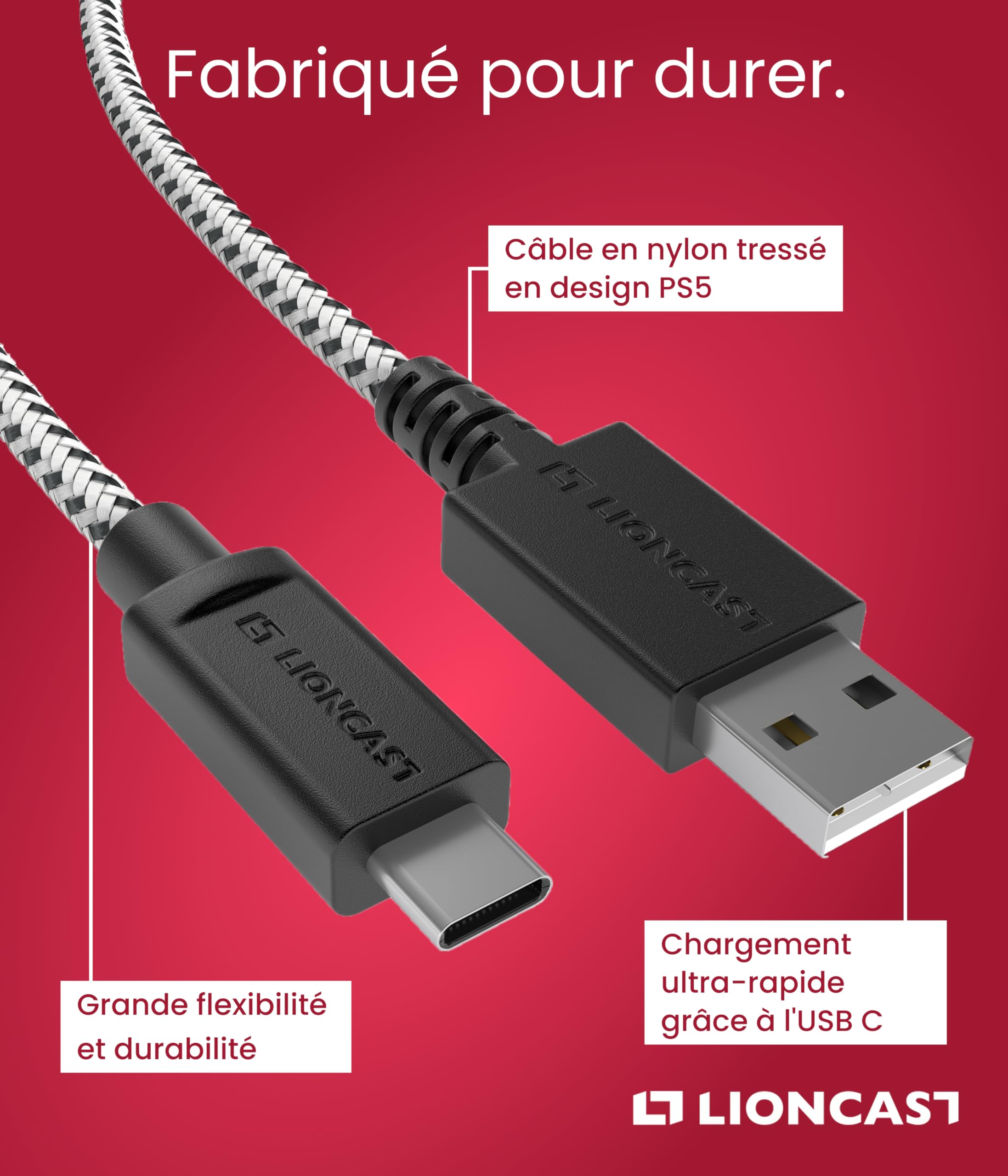 Lioncast® Câble USB-C (4m) - Câble de Charge pour Manette PS5 - Charge Rapide et Transfert Efficace - Câble USB Type-C Durable de 4m - Compatible avec Xbox One, iPhone 15, et Appareils USB-C