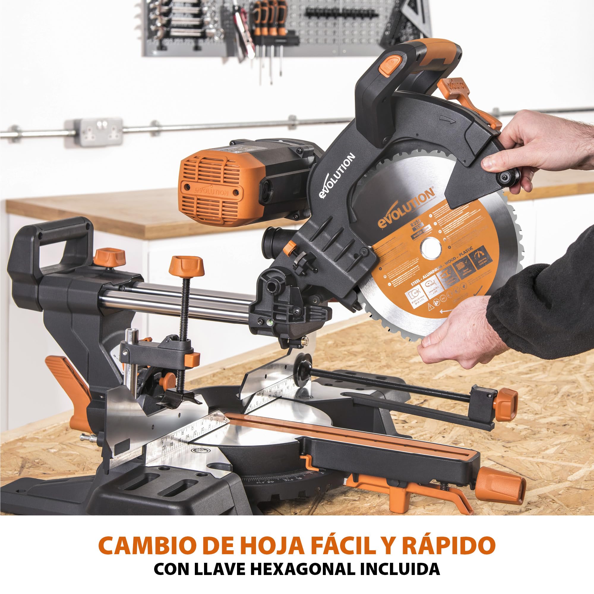 Evolution Power Tools R255SMS-DB ingletadora, Sierra ingletadora deslizante multimaterial de 255 mm, con doble bisel y paquete plus, hasta 300 mm x 90 mm, 5° a izquierda y derecha, inglete de 50°