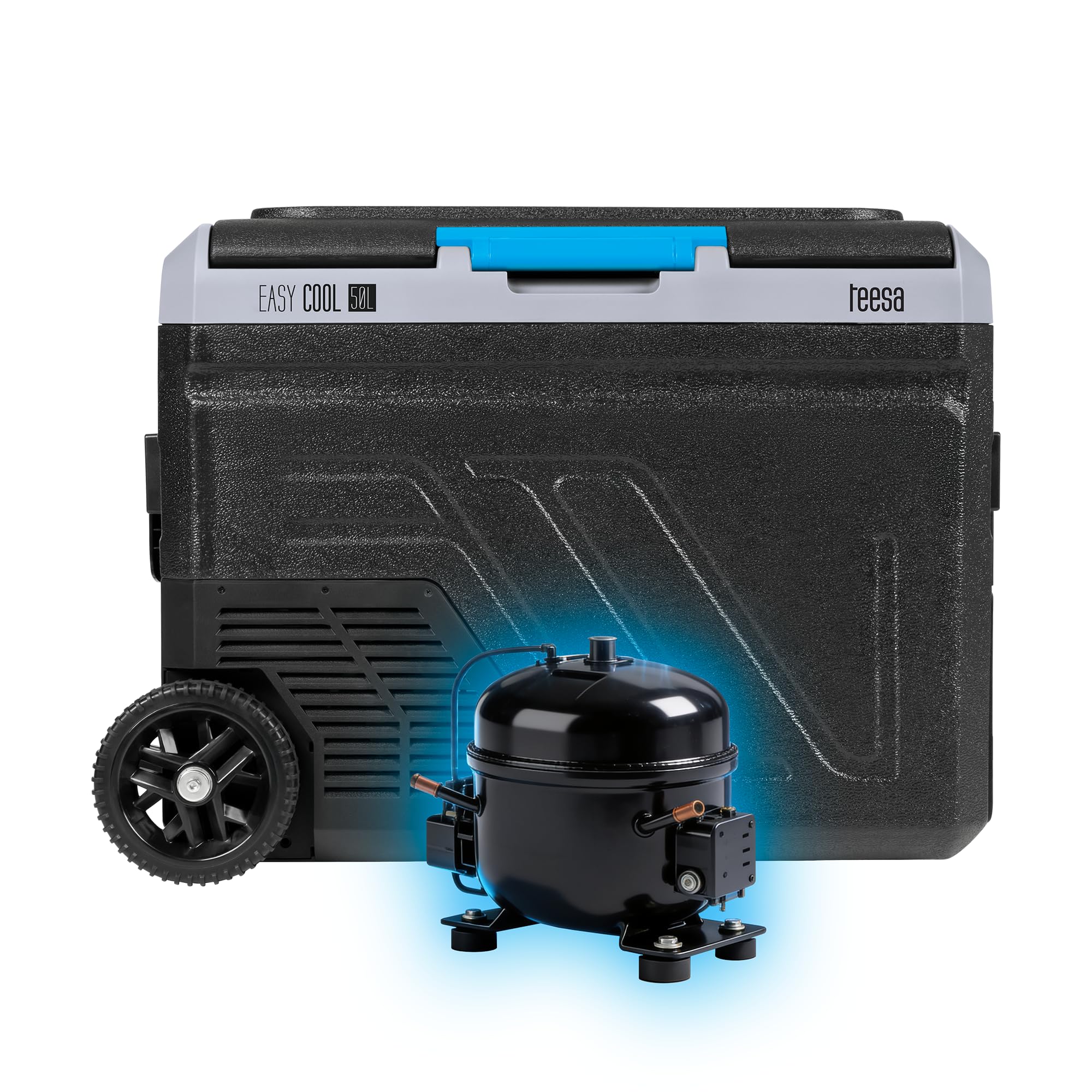 Teesa Profesjonalna Lodówka Turystyczna Kompresorowa z Funkcją Mrożenia 50L DC12/24 AC 230V Duże Koła i Solidna Rączka Bluetooth Możliwość Zasilania Baterią