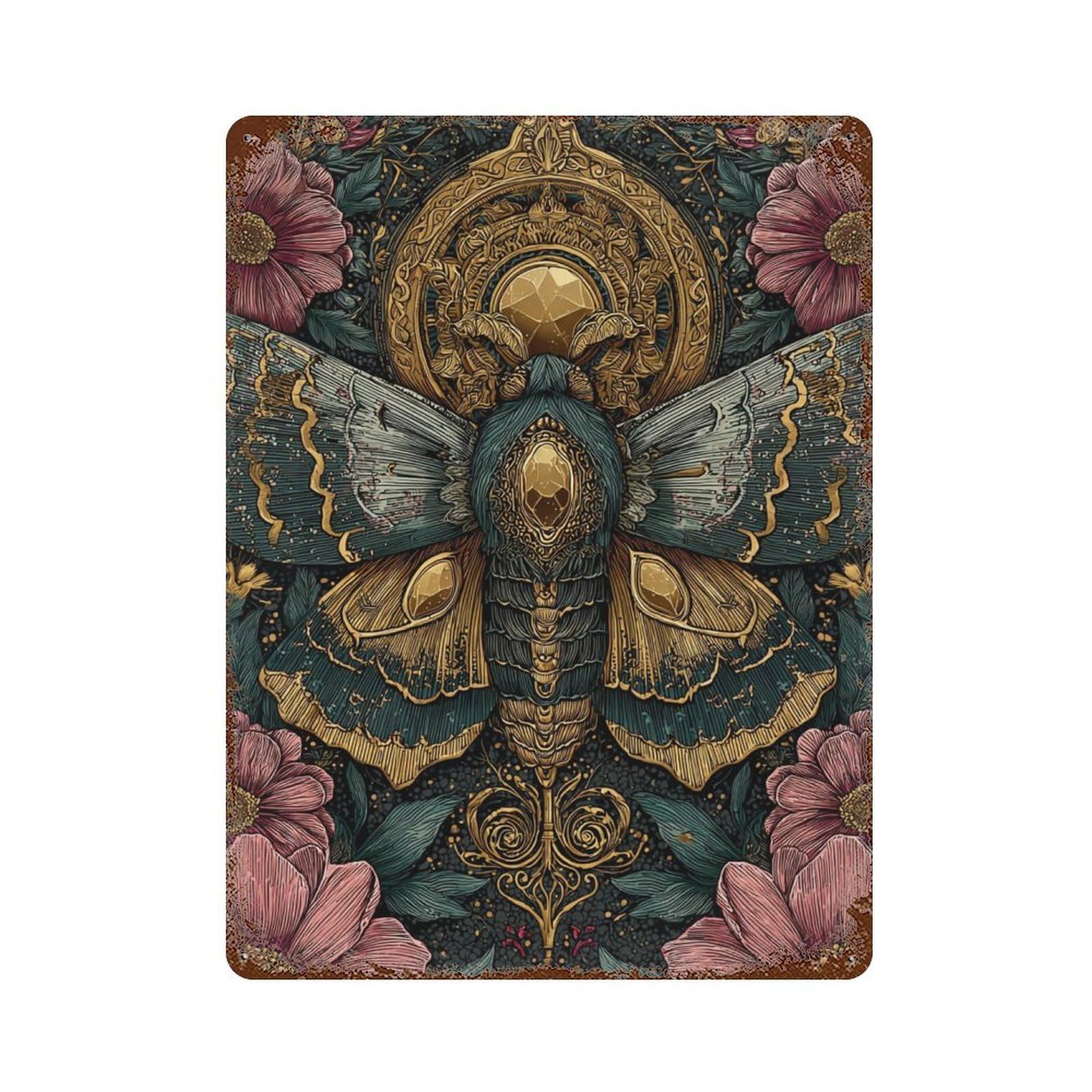 Golden Moth Art Print Distressed Metal Wall Sign 15.7"x11.8", for Farmhouse, Kitchen And Entryway Decor, Rustic Home Decor