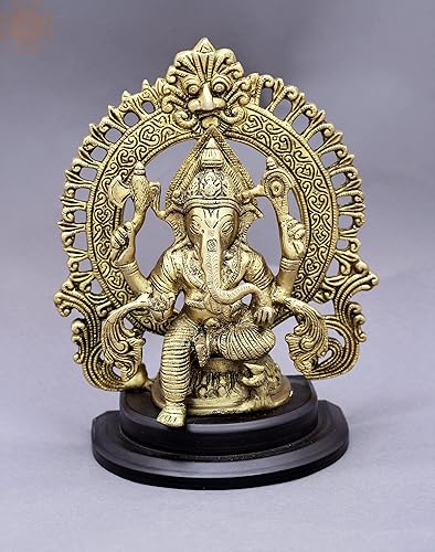 Bhagwan Ganesha de 9 pulgadas con Kirtimukha Prabhavali Estatua de latón de Ganesha Hecho a mano Hecho en la India - BR