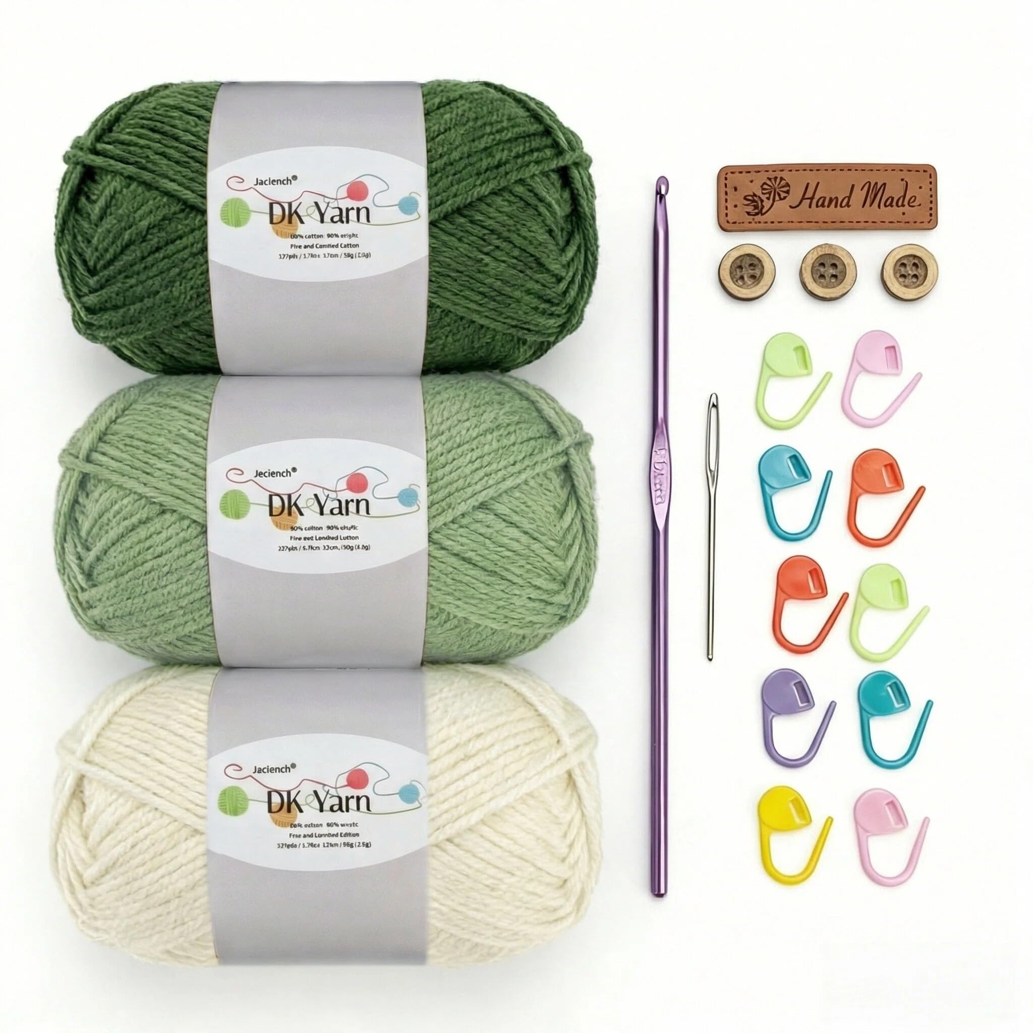Crochet Yarn Kit, 3×50g 60% Cotton 40% Acrylic Combed Cotton Yarn with 3mm Hook & Accessories, DK Wool for Beginners Amigurumi Socks Blankets (Green-3) — image 1