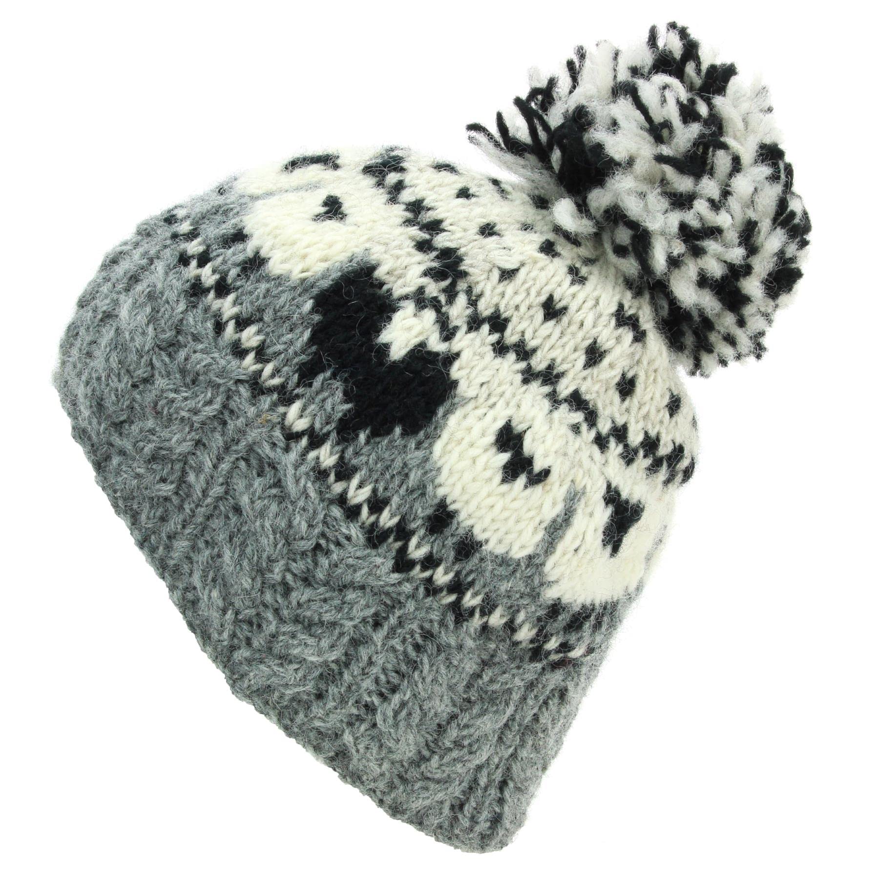 Loudelephant Grey Cable Knit Wool Knit Bobble Beanie Hat - Sheep