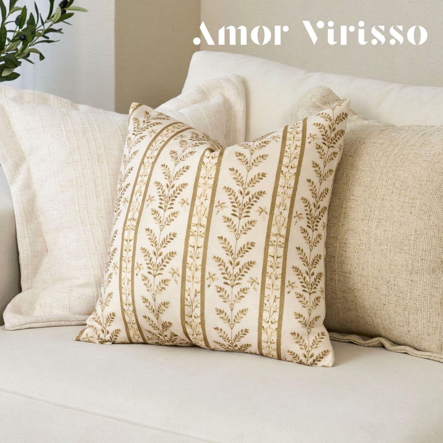 Amor Virisso Floral Pillow Covers 18x18 Set of 2 Block Print Pillow Cover Neutral Boho Farmhouse Accent Striped Decorative Pillow Covers for Sofa Bed, Yellow