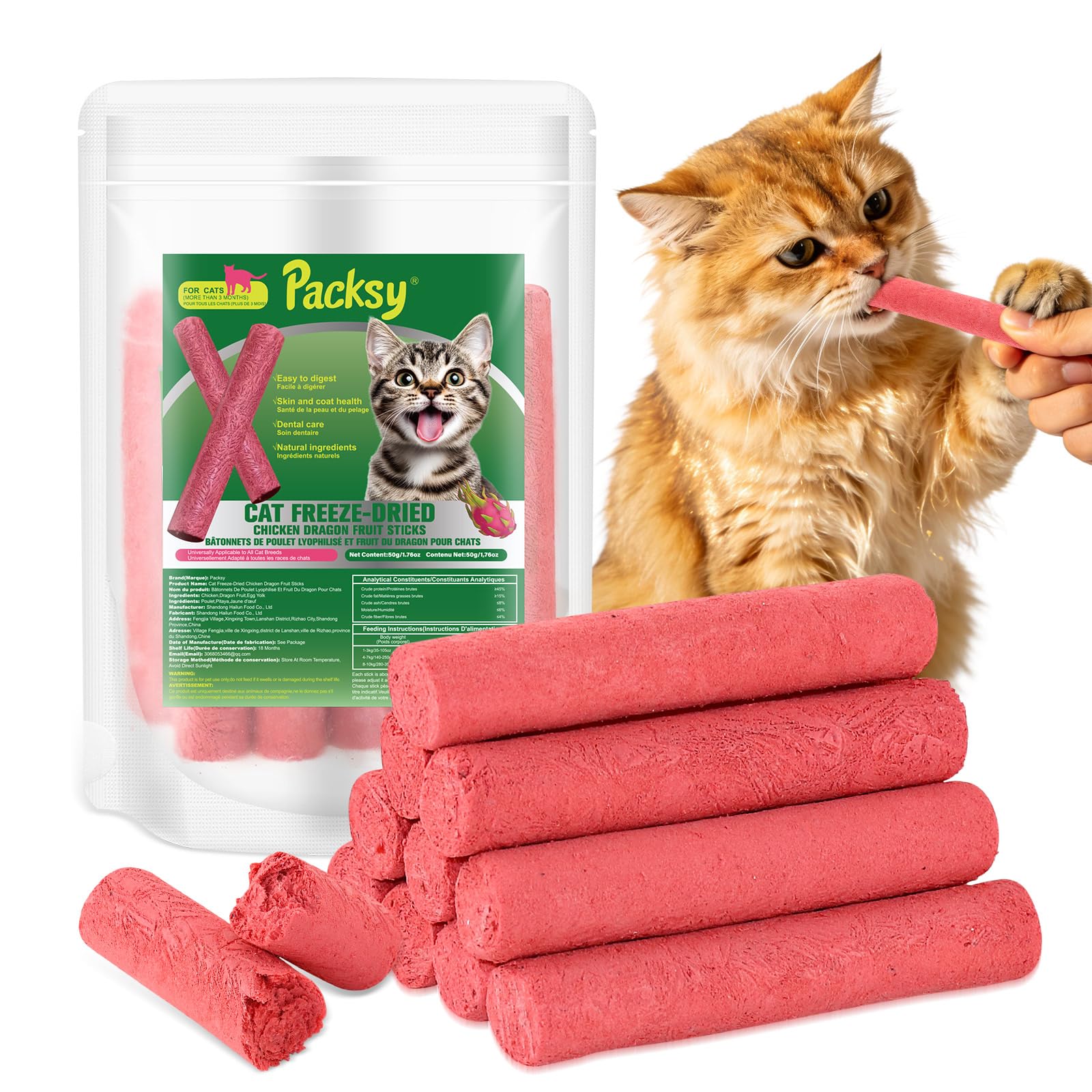 50g/1.76oz Freeze-Dried Chicken &amp; Dragon Fruit Sticks for Cats,High-Protein, All-Natural Treats,Irresistible Flavor &amp; Crunchy Texture,Perfect for Training &amp; Rewards