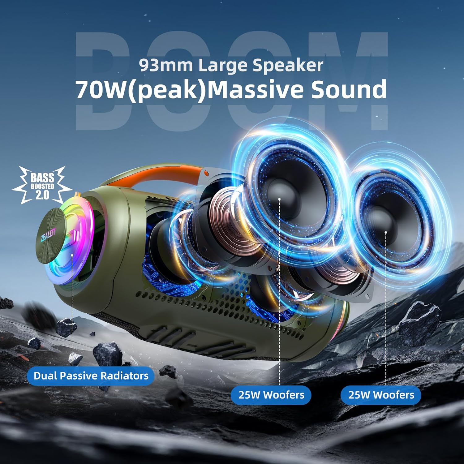 ZEALOT P11 Bluetooth Speaker, 80W Peak Wireless Stereo, Ultra Lightweight Portable Design and IPX6 Waterproof, Customize EQ for Outdoor/Camping/Beach/Travel (camo)
