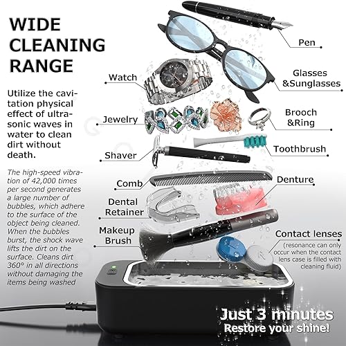 Miniatura 2 de Limpiador ultrasónico de joyas, limpiador de gafas 42 kHz, máquina ultrasónica con temporizador de 15.2 fl oz, limpiador sónico para gafascorrea de