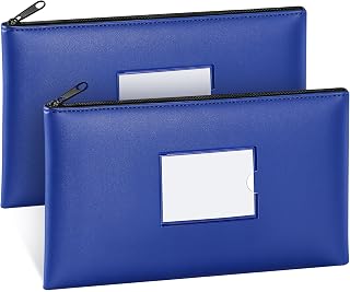 SMARTAKE Money Bags with Zipper, 2-Pack Bank Bags with Label, Waterproof Leather Money Pouches, for Cash Coin Bill Invoice Deposit Receipt Storage and Organize, 11.5 x 6.2 Inches (Blue)