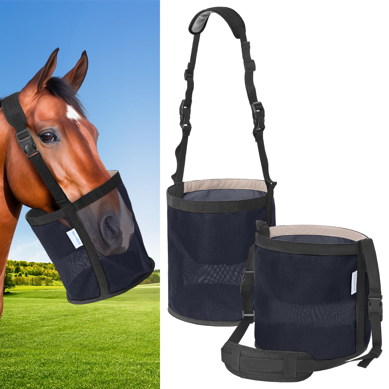 Horse Feed Bag Pack of 2, Feed Bags for Horses with Ventilation Mesh, Comfort Nose Pad Neck Pad, Adjustable Strap, Spill Proof Design for Independent Feeding Grain, Supplements (Black Blue)