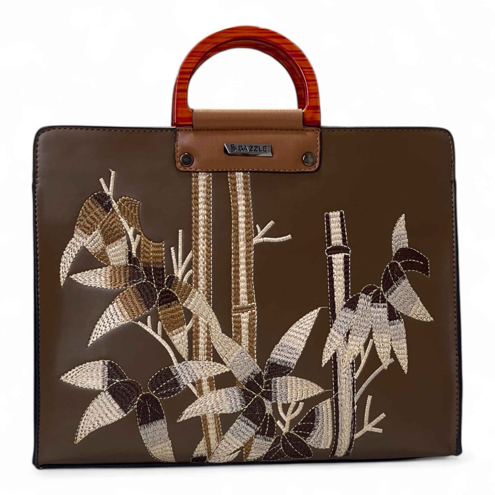 dazzle Floral Embroidered PU Leather Handbag with Stylish Wooden Handle-picture-17