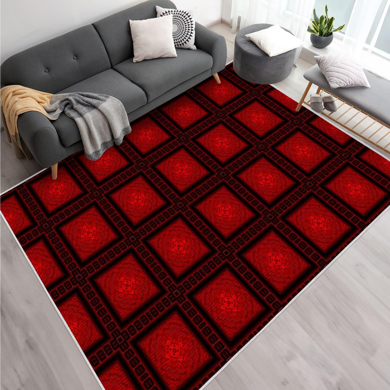 幾何学模様 赤いラグ80x130 cm Amazon | 幾何学的なグリッド カーペット 長方形 3畳 赤と黒柄