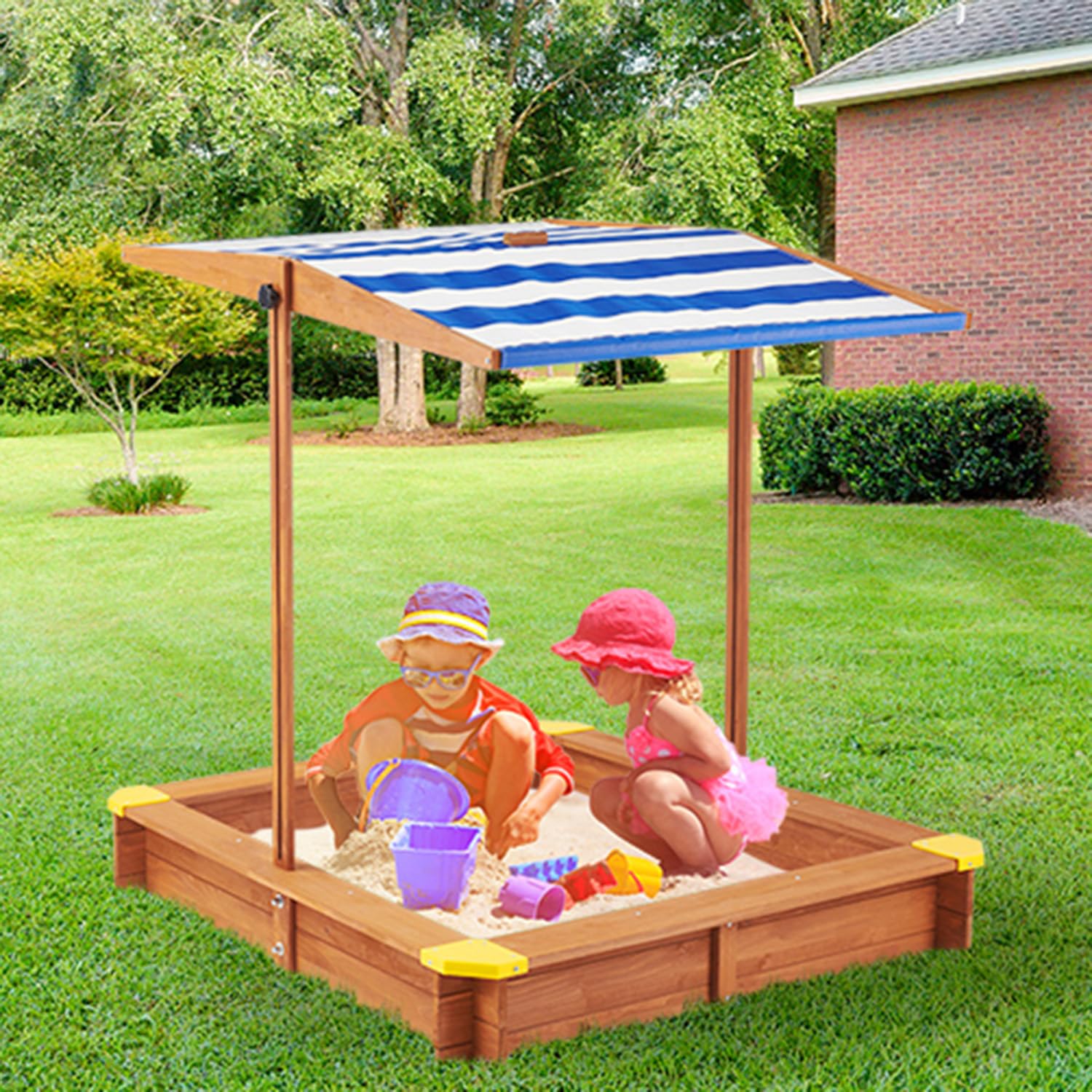 Outdoor Sandbox with Cover for Kids Ages 3 to 8, Wooden Sand Box with Adjustable Canopy, Protective Liner, Firm Suqare Border, Kids Outdoor Play Equipment, Outdoor Playset for Beach, Backyard