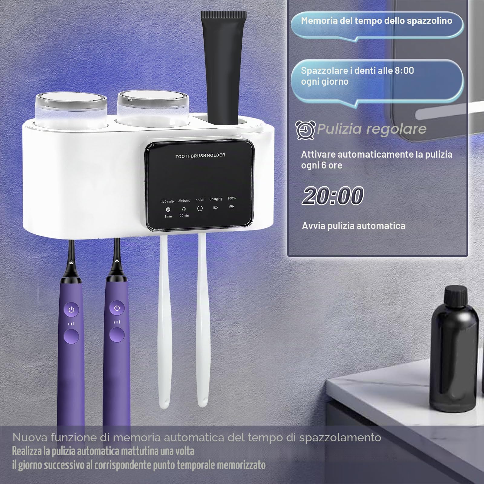 Portaspazzolino da parete con vano portaoggetti, supporto per spazzolino elettrico con funzione di asciugatura e pulizia per il bagno, 4 fessure per pennelli, 2 bicchieri (bianco)