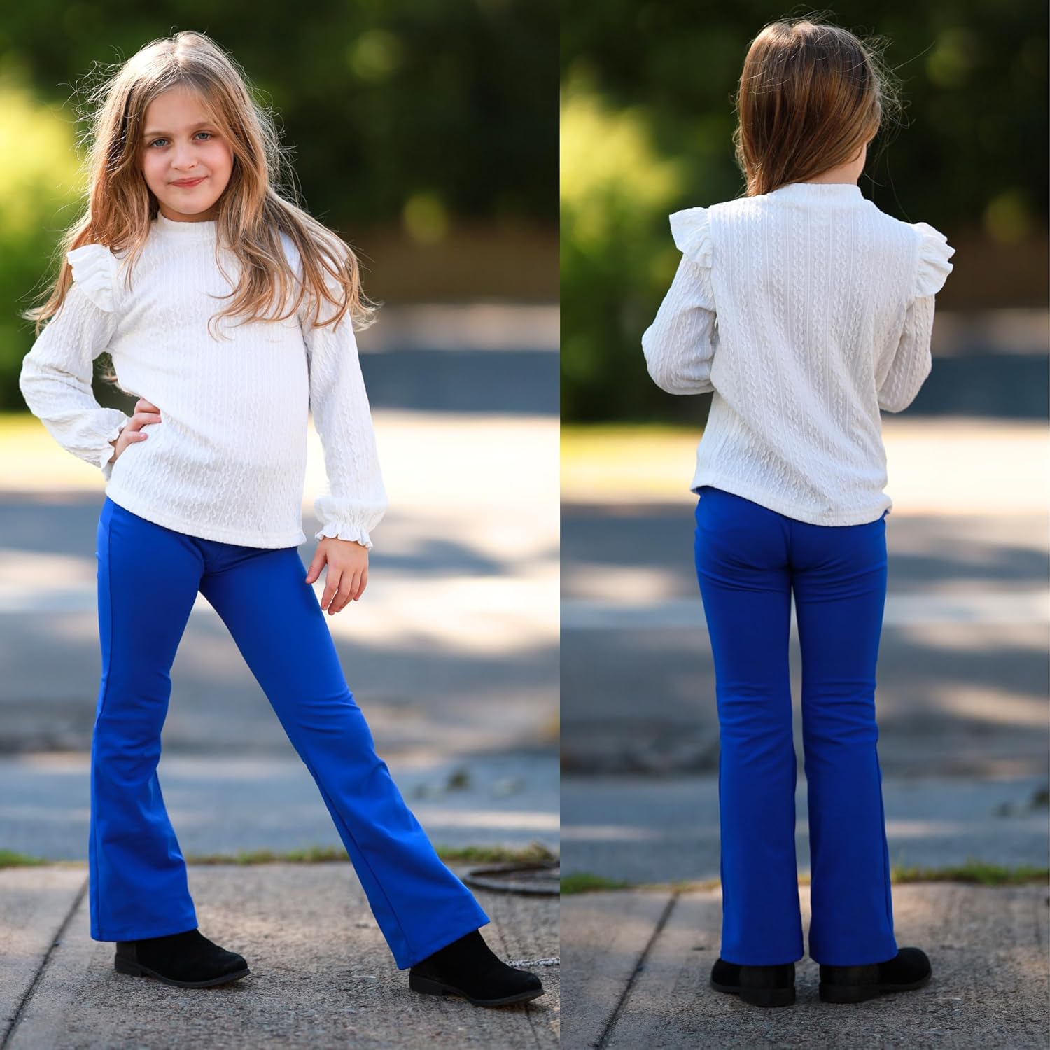 BIG ELEPHANT Girls Fleece Lined Flare Leggings – Warm Winter High Waisted Athletic Bell Bottom Pants for Kids - Image 2