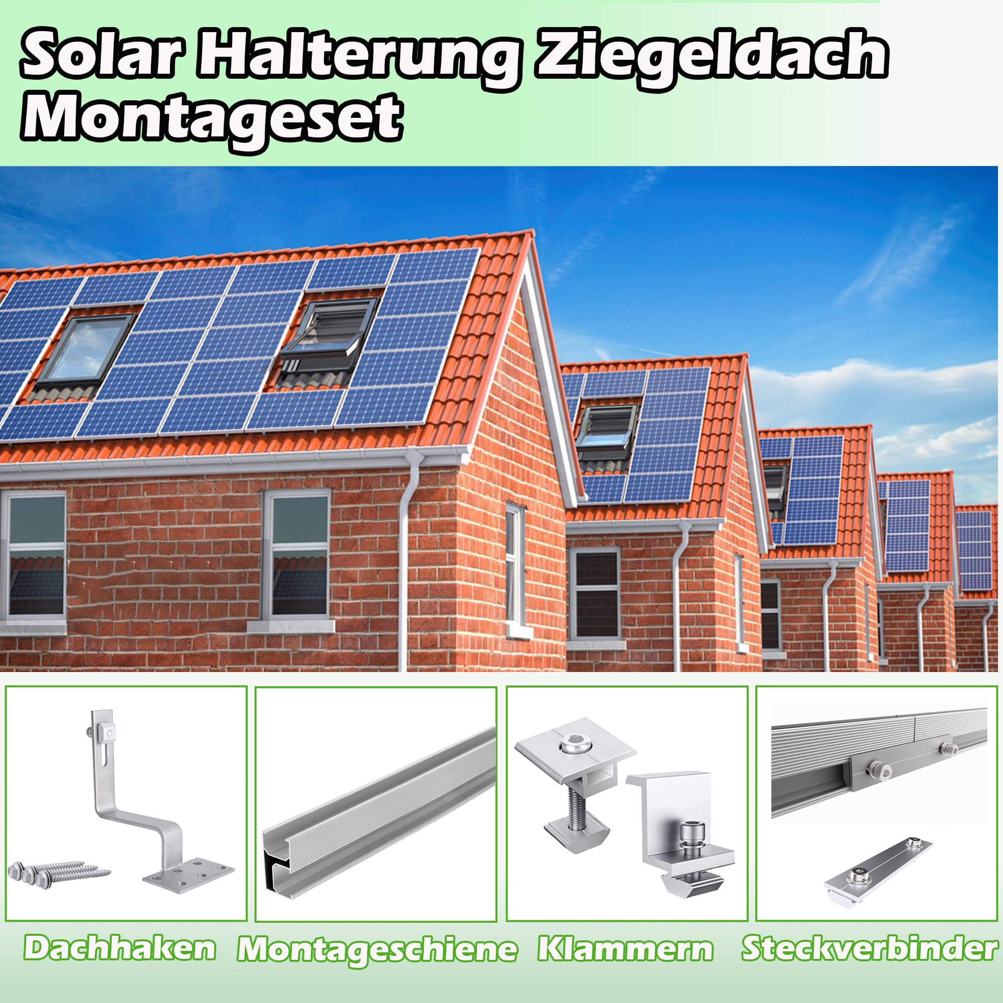 Warmfay Juego de montaje para techo de tejas, aluminio 1500 mm, rieles de perfil continuos y ganchos para techo, módulo solar, tejas para 2 módulos, soporte solar para módulos fotovoltaicos, grosor de