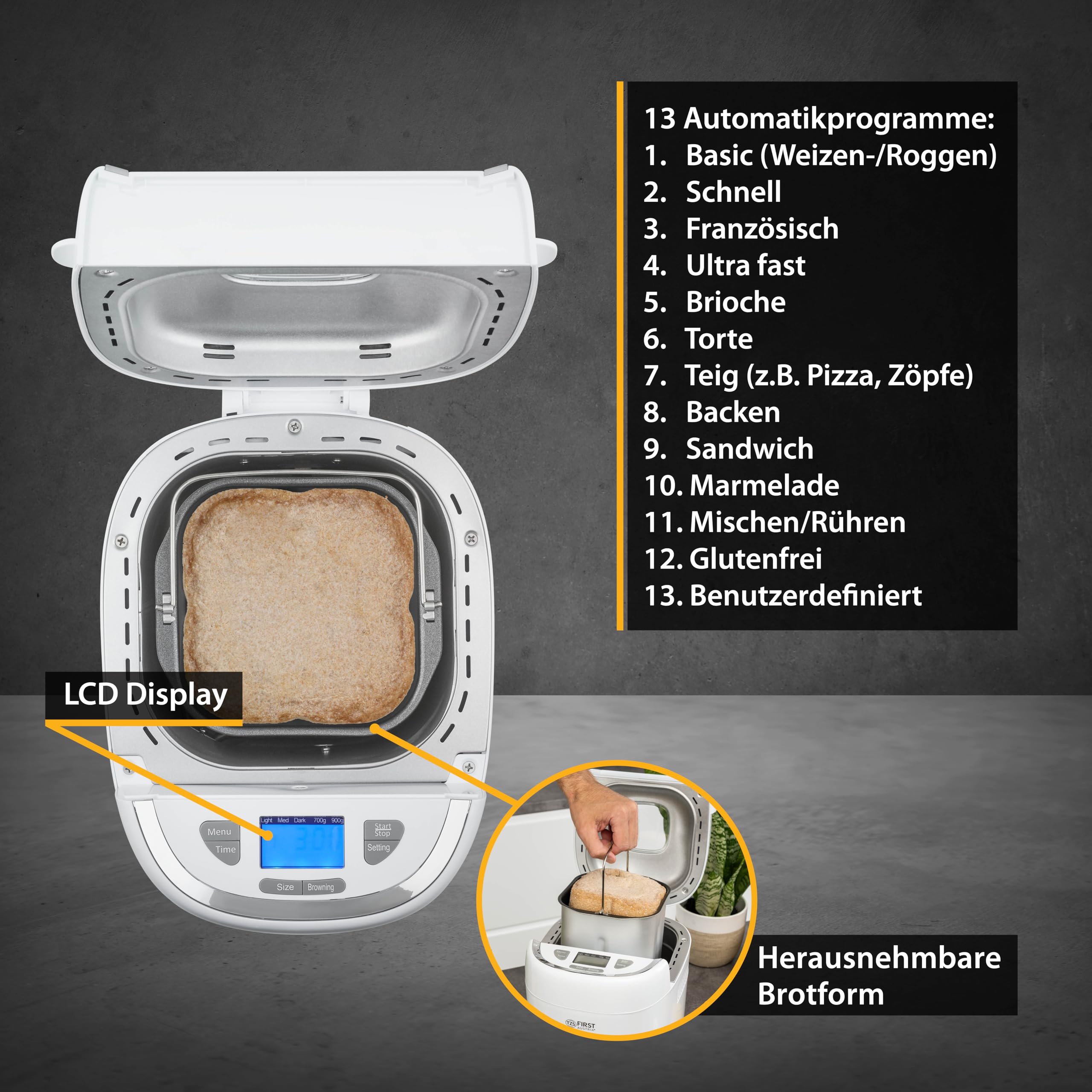 TZS First Austria - Brotbackautomat 900g - 550W - 13 Programme & Timer - Brotbackmaschine mit Knethaken - Weiß/Grau
