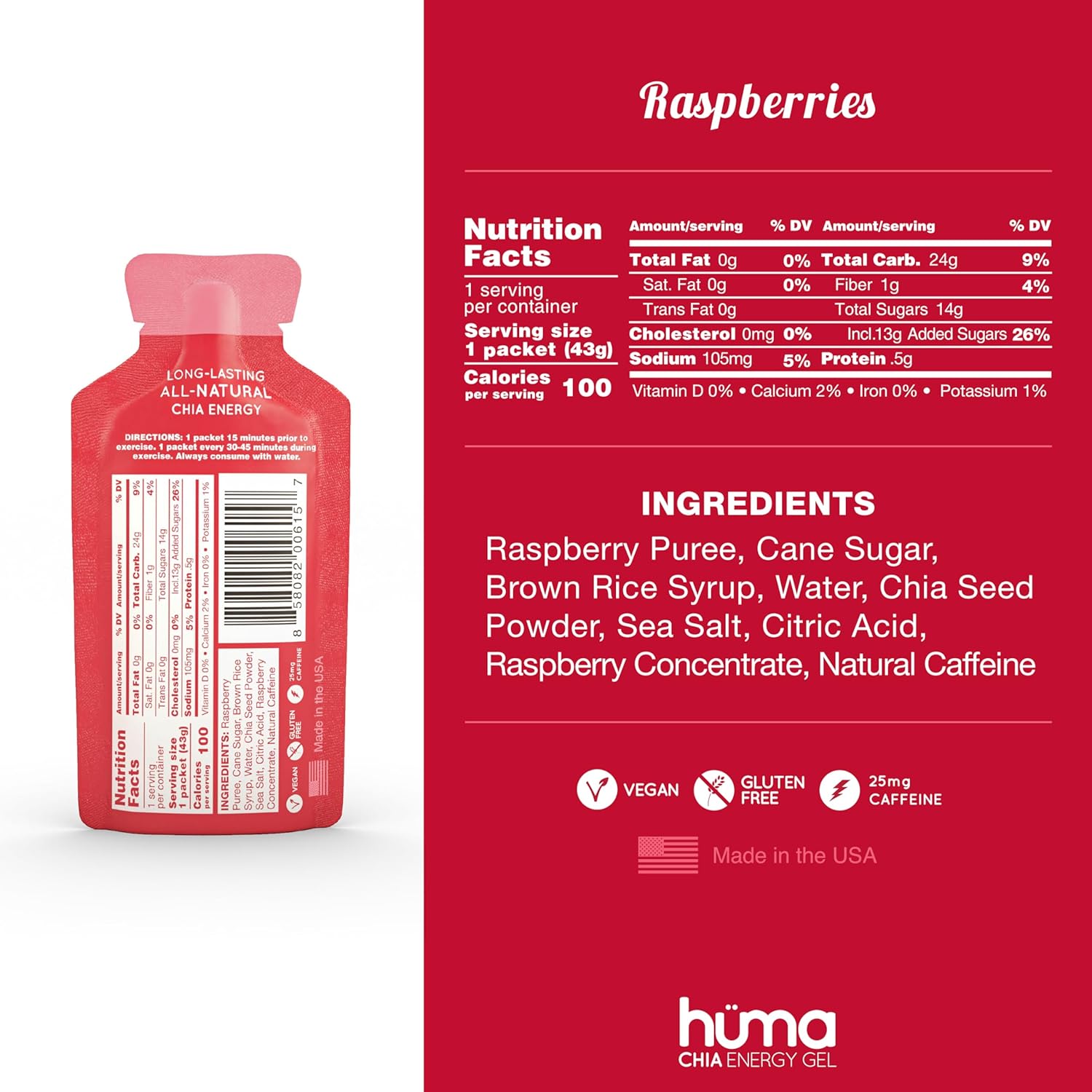 Huma Chia Energy Gel, Raspberries, 24 Gels, 25mg Caffeine - Sports Nutrition for Endurance Exercise
